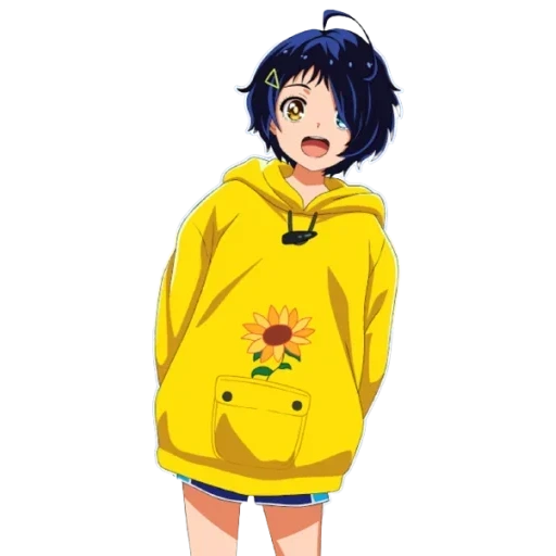 émerveillement, personnages d'anime, sweat-shirt anime, sweat-shirt jaune, anime avec un sweat-shirt jaune