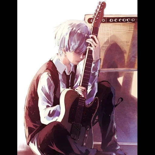 animation art, anime boy, animation simplicity, golden wood guitar, cartoon character