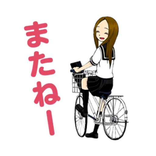bild, takagi fahrrad, mädchenrad, mädchen mit fahrrad, auf einer fahrradzeichnung