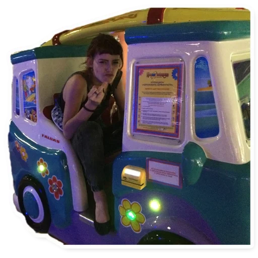 human, young woman, amusement ride, attraction game, the bus is small