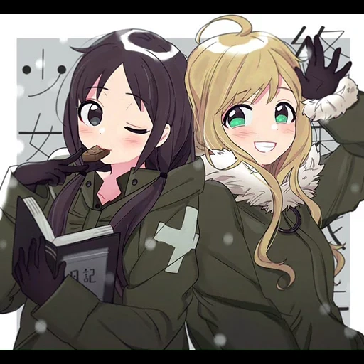 animation art, military animation, animation art yuri, cartoon art girl, shoujo shuumatsu ryokou