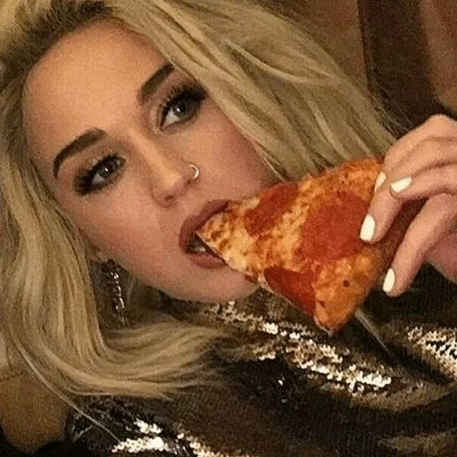 manusia, wanita muda, katy perry, pizza perry, makan pizza