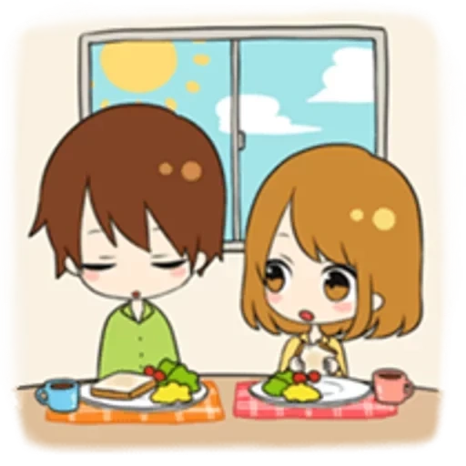 figure, lovely artwork, lovely cartoon, chibi and his wife, paired expression animation