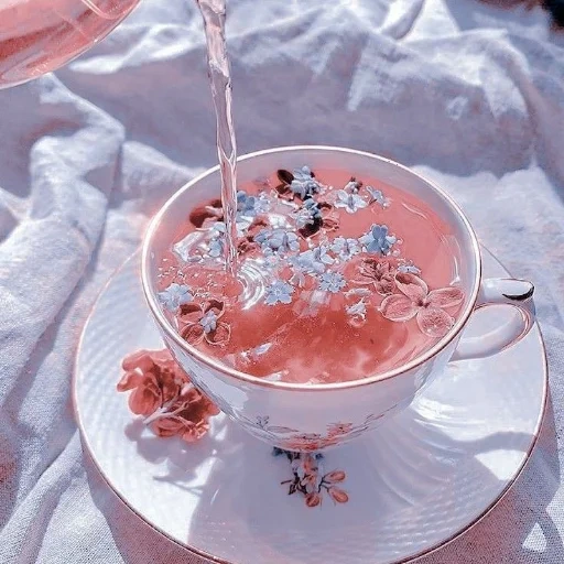 raspberry tea, pink dessert, good morning day, the aesthetics are beautiful, aesthetics of blue