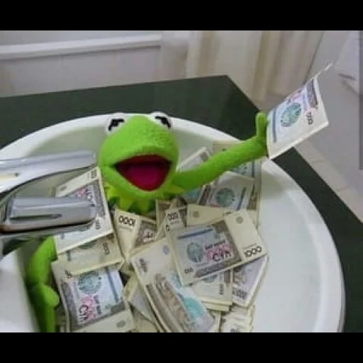 kermit, komi frog, with money kermit, comet the frog, frog comey money
