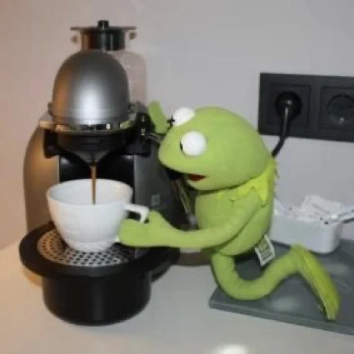 kermit, juguetes de juguete, rana comte, té de ranas come, frog cormit está bebiendo café