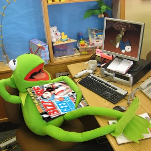 kermit, a toy, frog cermit, cermit at the computer, frog cermit at the computer