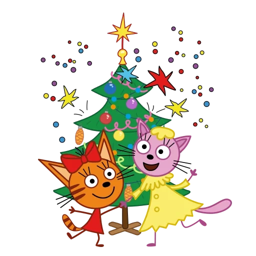 tres gatos, tres gatos de invierno, año nuevo de tres gatos, sección de año nuevo de tres gatos, tres gatos-miau-árbol de navidad