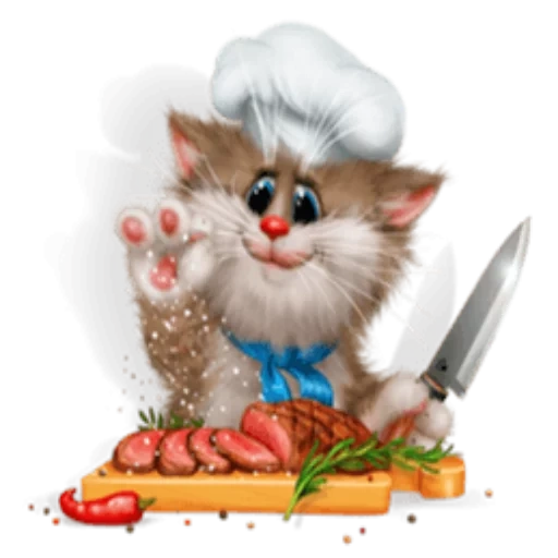 chaton cuisinier, bon appétit, cartes postales de good morning, bon appétit, le chat heureux d'alexei dolotov