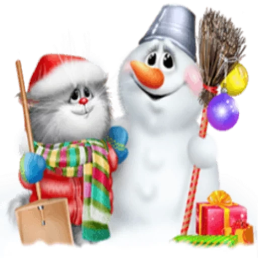 le bonhomme de neige est mignon, affiche du bonhomme de neige, le bonhomme de neige du nouvel an, carte du nouvel an du bonhomme de neige, le chat du nouvel an d'alexei dolotov