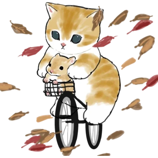 fly art, mofu sandkatze doktor, ein kätzchen auf einem fahrrad, mofusand katzen, illustration katze