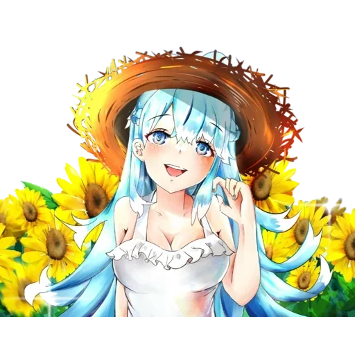 anime, anime girl, beautiful anime, anime with gray hair sunflower, anime girl with blue hair sunflower