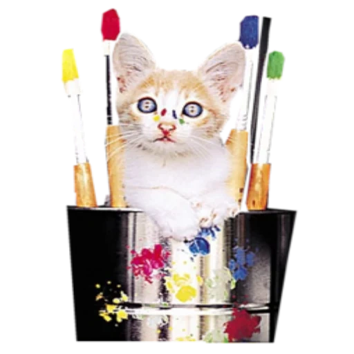 gatto, gatto, disegno del gattino con un pennello, studiamo i colori dei gatti, sfondo marrone gattino bianco