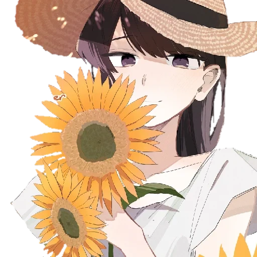 аниме, рисунок, kobiwa_daze, аниме девушка подсолнухами, аниме девушка соломенной шляпе