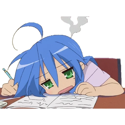 lucky star, anime study, anime characters, konata izumi homework, homework anime