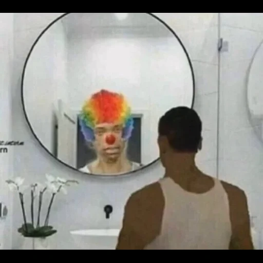 in the mirror, smiling face, clown mirror, a ridiculous thing, a funny person