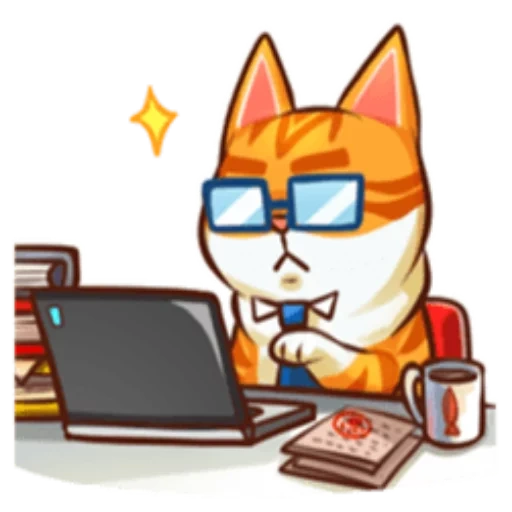 cat, cat boss, cat programmer, kitty game developer, catcams with a laptop illustration