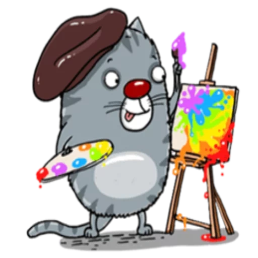 joke, illustration, cat artist, bunny with a brush, rabbit an artist with a brush