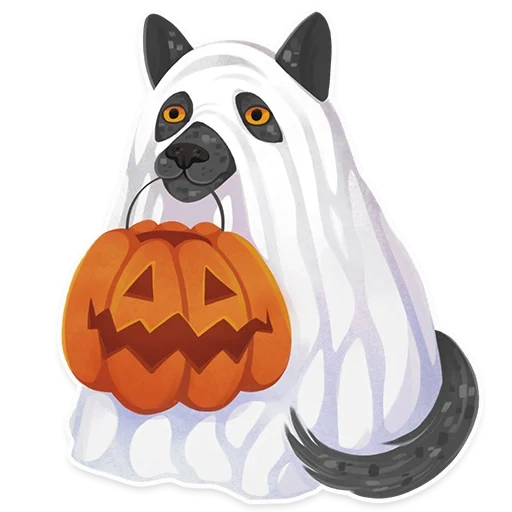 dia das bruxas, abóbora de halloween, cachorro de halloween, cães fantasmas de halloween, ilustração de halloween com um cachorro