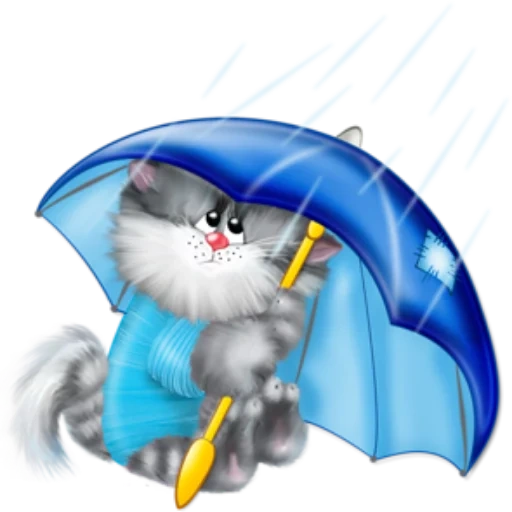 el gato es un paraguas, un gatito con un paraguas, con buen tiempo, postales felicitaciones a la lluvia, buen tiempo