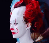 clown mask, clown profile, the cry of horror is a meme, back stage clip clearly, beauty salon wonderland
