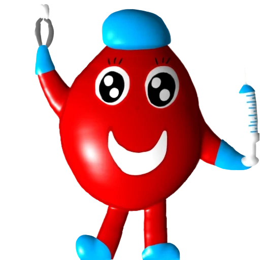 toys, donor kidney, cartoon magnet, bloody smiling face, a cheerful drop of blood