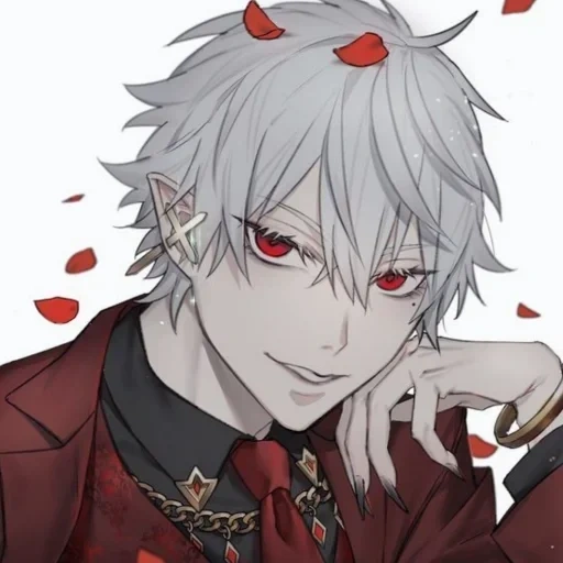 anime guys, anime vampire, vampire anime art, kuzuha nijisanji vampire anime, anime guy with white hair red eyes