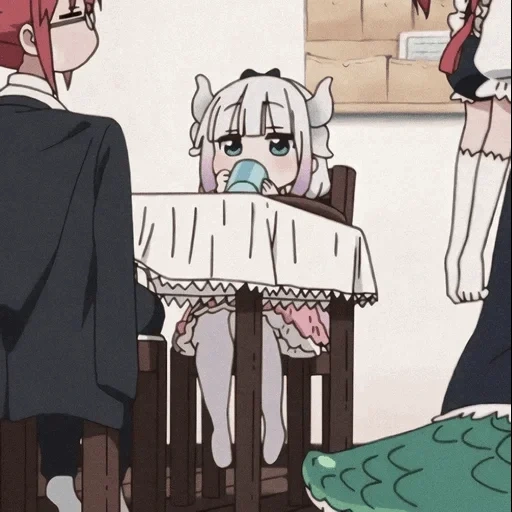anime cute, the maid dragon, canna kamui drinks tea, dragon maid kobayashi, kobayashi san chi no maid dragon