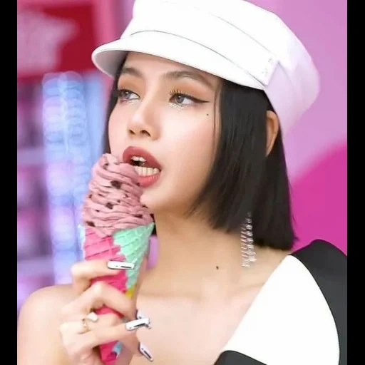 black powder, black ice cream, lisa blackpink frost, beautiful asian girl, selena gomez ice cream black powder