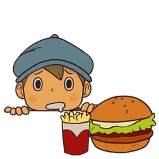 the items on the table, sketch burger, professor layton, anime hamburger background, professor layton line
