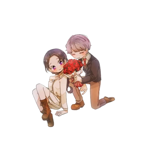 anime picture, a pair of animation art, cartoon art couple, bokura wa minna kawaisou art, promised neverland isabella leslie