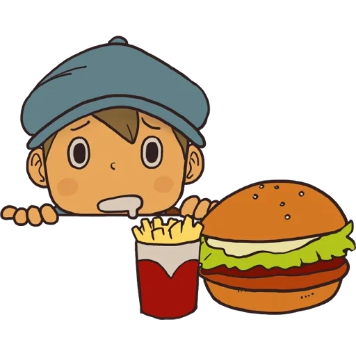 gli oggetti della tabella, professor layton, disegni adesivi, professor layton line, il ragazzo mangia un vettore di hamburger