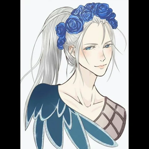 yuri bingdu, anime picture, cartoon characters, viktor nikiforov wears a blue wreath, victor nikiforov has long hair