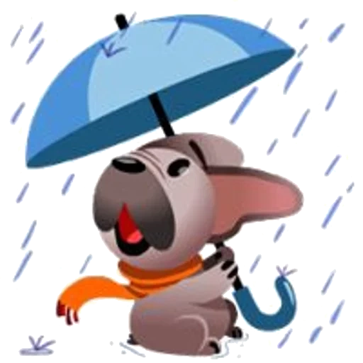 mugsy, dog, dog character, the dog is happy, smiley in the rain