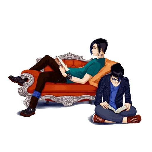 inclinación, pareja de animación, niño anime, animación de sofá, chico sentado en el arte del sofá