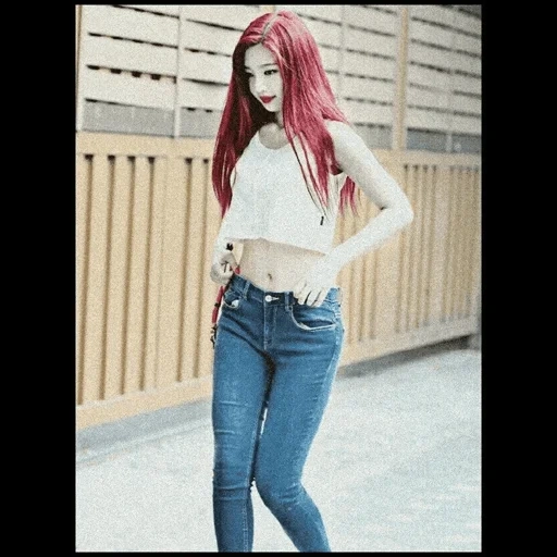 the girl, koreanische mode, asian girl, joey red light cord figur, red fleece joey jeans