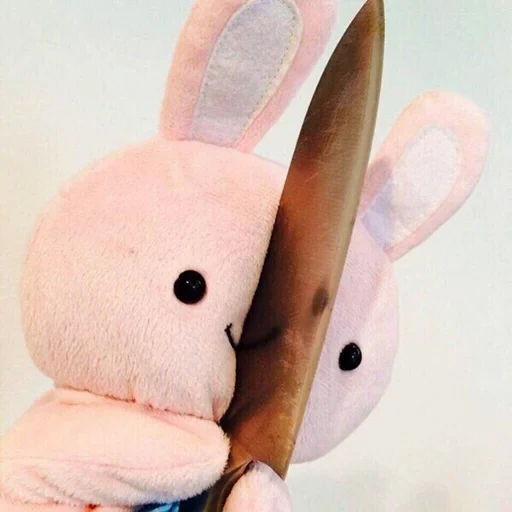 bunny with a knife, pink hare with a knife, hare with a knife, soft toy hare, rabbit toy toy