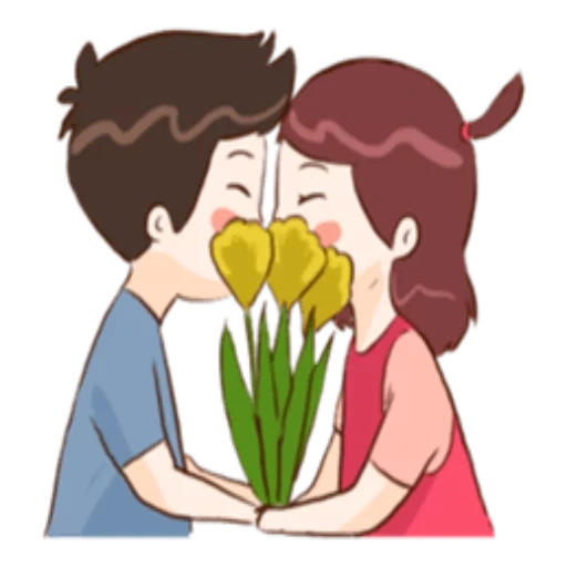 um par de beijos, amor de casal, planta em casa, dê flores a um desenho de anfitrião, menino propaganda beija uma garota com uma flor