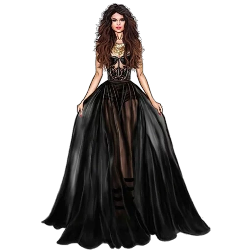 платья мода, selena gomez revival, длинное черное платье, david mandeiro illustration, mlbb селена прозрачным фоном