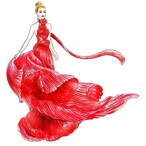 фэшн эскизы, красные платья, модные рисунки, эскиз красного платья, каролина херрера эскиз красного платья