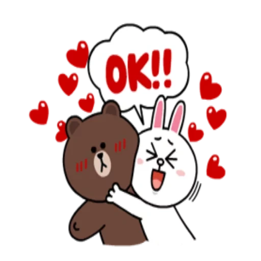 line friends, line friends cony, love of bear and rabbit, cony and brown love, sticking cute animals