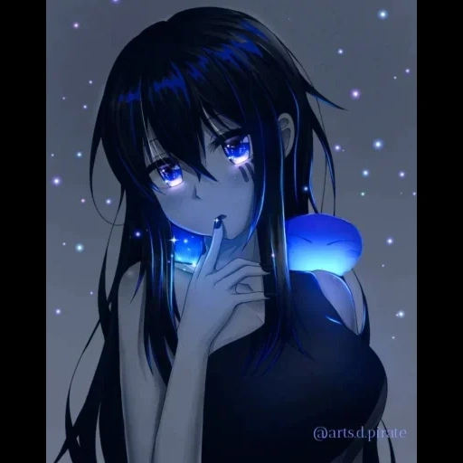 animação, figura, menina anime, personagem de anime, olhos azuis de cabelo preto de menina de anime