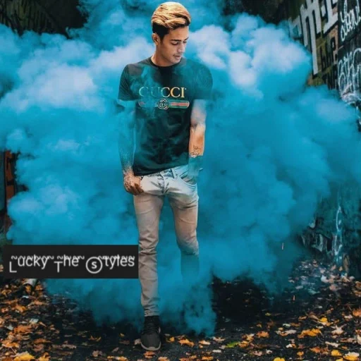 young man, smoke bombing, smoke background, glow neon effect, adobe photoshop lightroom