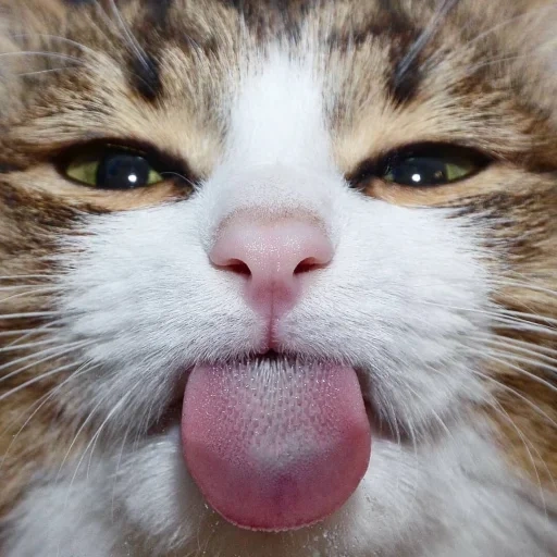 bahasa kucing, kucing yang puas, dengan bahasa macet, kucing itu menonjolkan lidahnya, kucing terjebak di lidah