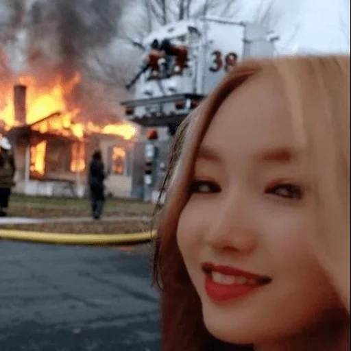 young woman, loona memes, girl burning house, mem girl catastrophe, meme girl burning house