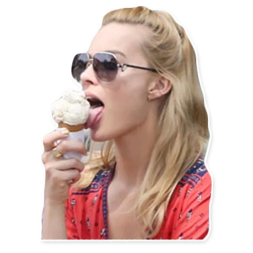 марго робби, марго робби стикер, счастливая девушка мороженое, марго, девушка ест мороженое
