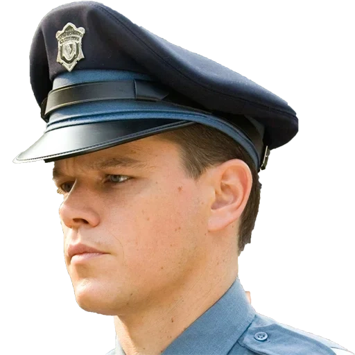 the male, matt damon, matt damon police, matt damon hat film, the police portrait is serious