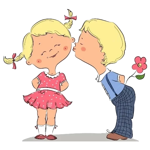 beso de dibujo, beso la caricatura de la bebé, el chico besa la mejilla de la niña, chica besa al niño dibujo, el niño besa a la niña dibujo de mejilla