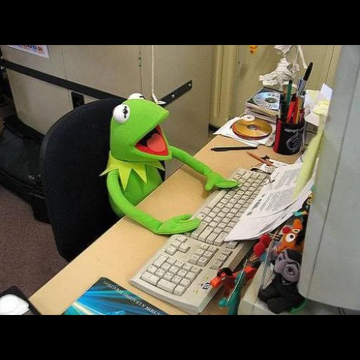kermit, kermit, frog on the copier, the frog behind the computer, comey the frog