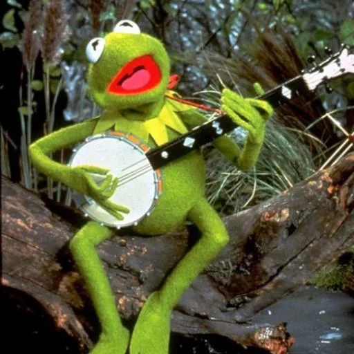 mappet show, cerme de sapo, o sapo kermite com uma faca, o sapo kermit banjo, o violão do sapo kermit